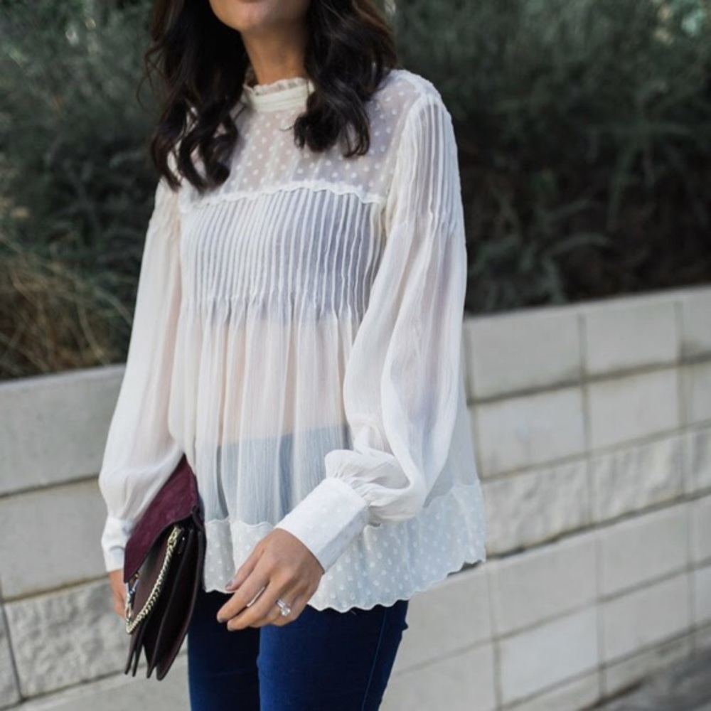 Ann Taylor Jacquard Chiffon Dot Cream Blouse Top